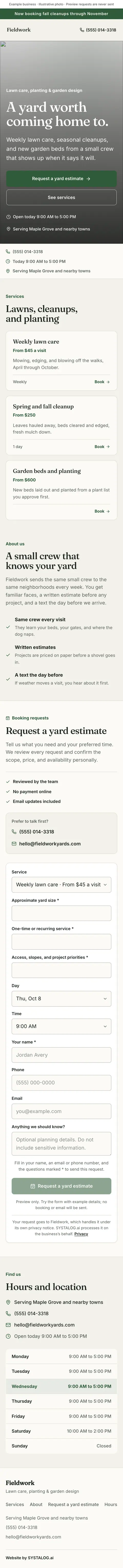 The whole landscaping & lawn care template on a phone, from the top of the page to the footer