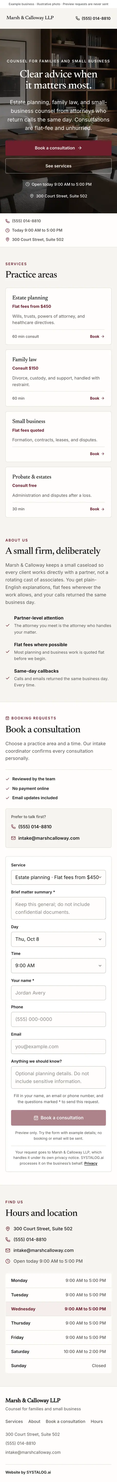 The whole law & professional template on a phone, from the top of the page to the footer