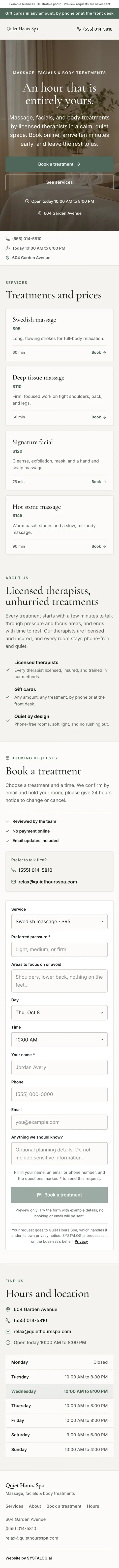 The whole massage & day spas template on a phone, from the top of the page to the footer