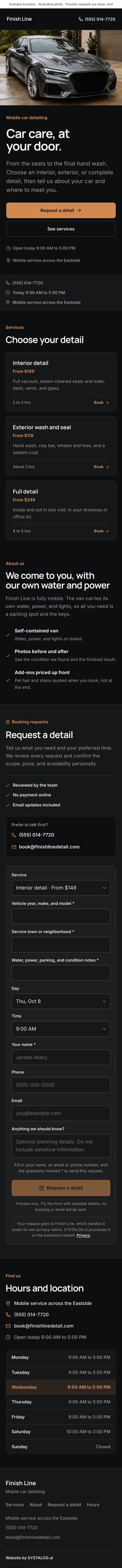 The whole mobile car detailing template on a phone, from the top of the page to the footer