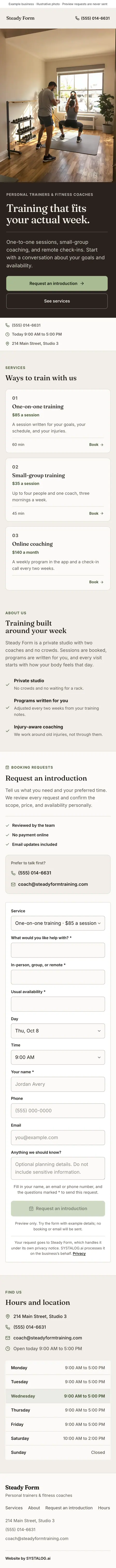 The whole personal trainers & fitness coaches template on a phone, from the top of the page to the footer