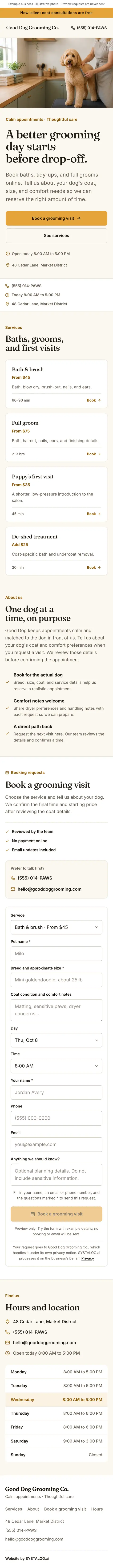 The whole pet grooming & care template on a phone, from the top of the page to the footer