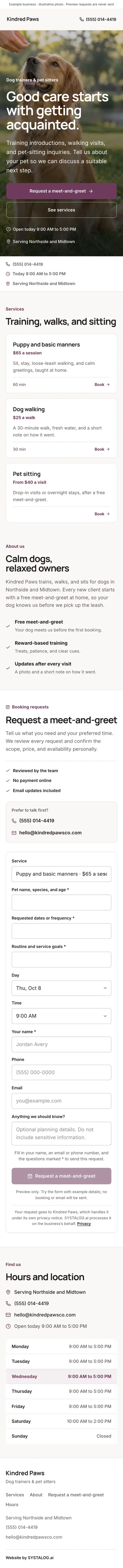 The whole dog trainers & pet sitters template on a phone, from the top of the page to the footer