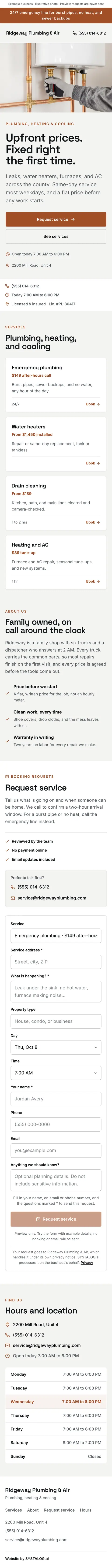 The whole plumbing & hvac template on a phone, from the top of the page to the footer