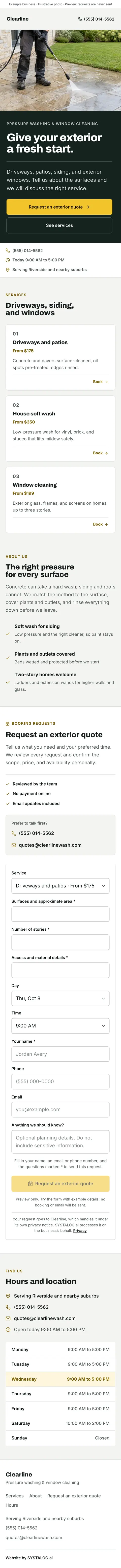 The whole pressure washing & window cleaning template on a phone, from the top of the page to the footer