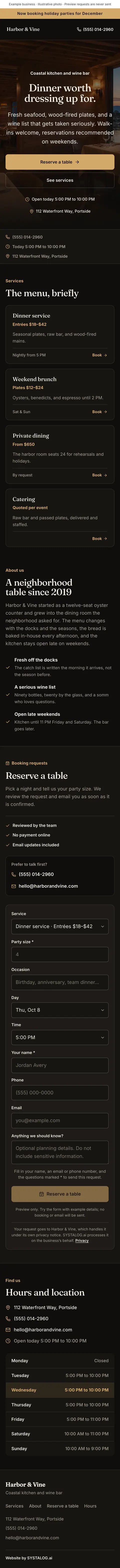 The whole restaurants & cafés template on a phone, from the top of the page to the footer