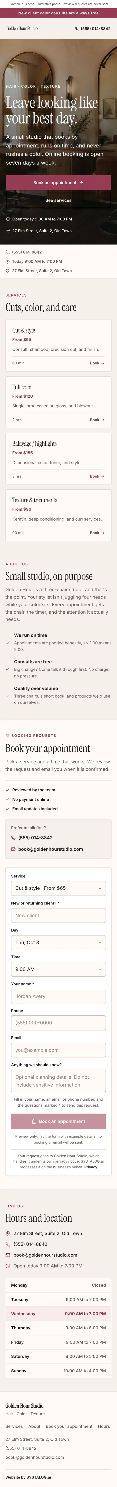 The whole salons & barbers template on a phone, from the top of the page to the footer