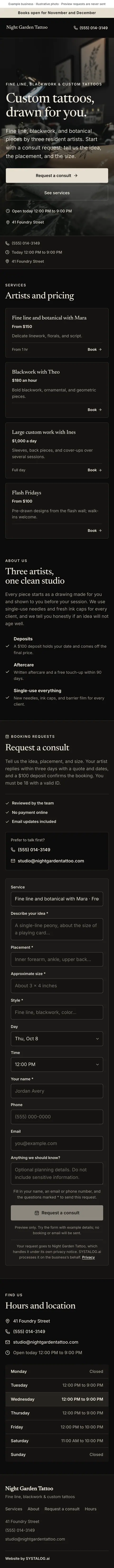 The whole tattoo studios template on a phone, from the top of the page to the footer