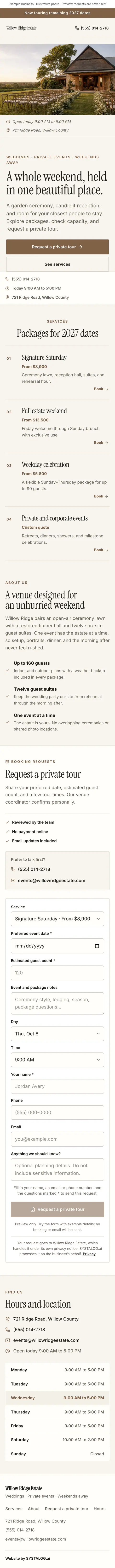 The whole wedding & event venues template on a phone, from the top of the page to the footer
