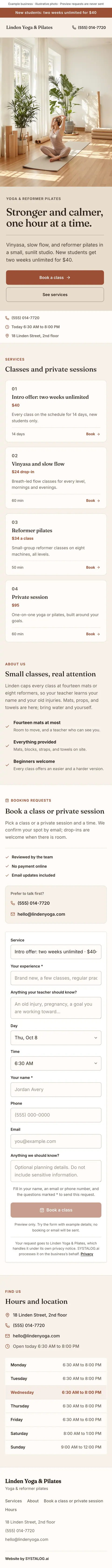 The whole yoga & pilates studios template on a phone, from the top of the page to the footer