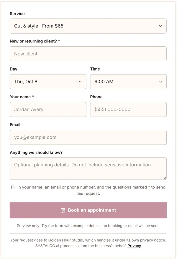 The booking request form on the example salon template: service, new or returning client, day, time, name and contact