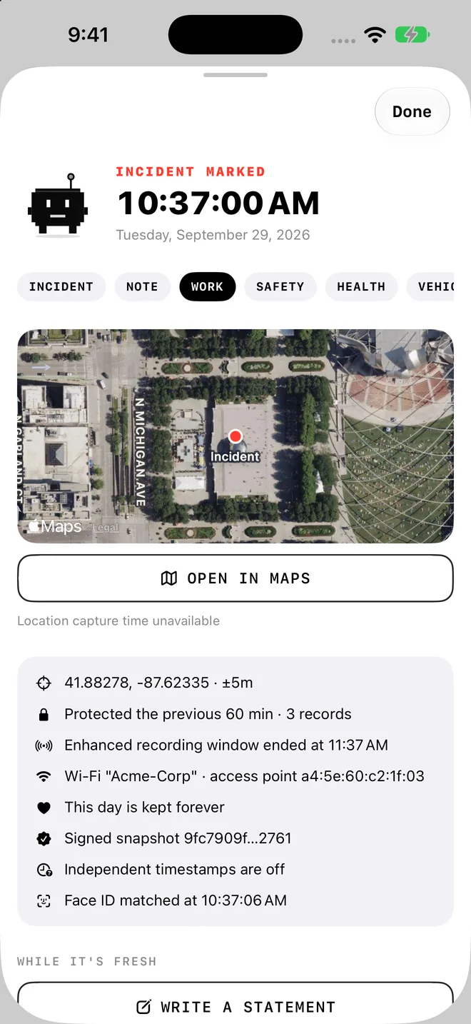 Incident marked at 10:37 AM with a map, coordinates, protected records and a signed snapshot.