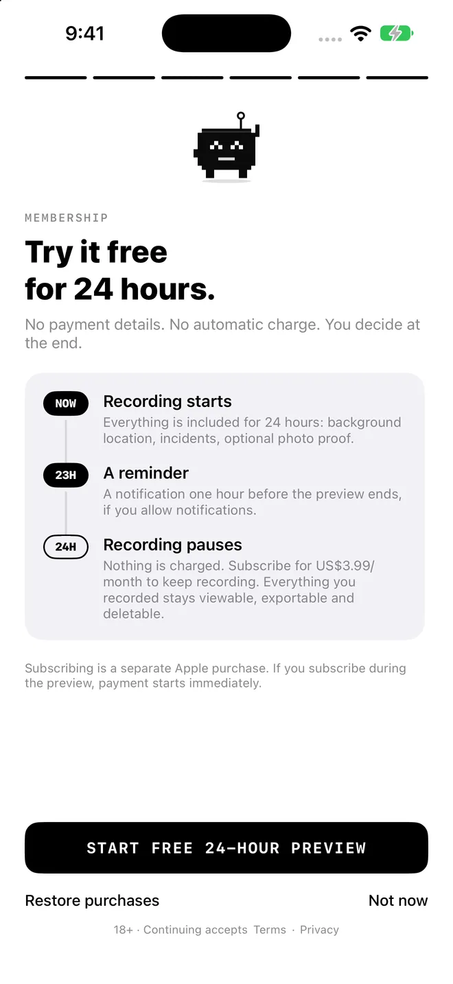 BlackBox onboarding screen: Try it free for 24 hours. No payment details. No automatic charge. You decide at the end.