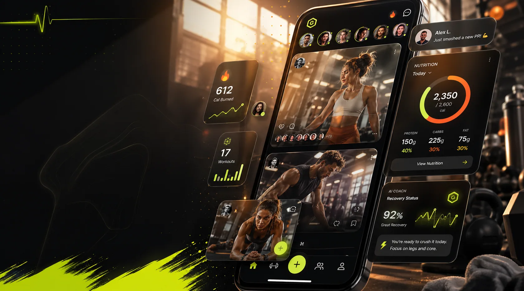 GemFit mobile app marketing visual showing workout posts, AI coach card, and a nutrition ring.